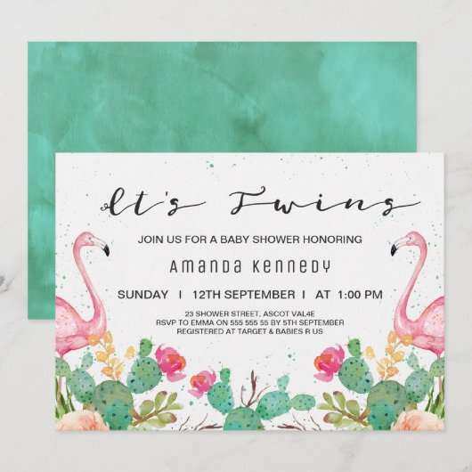 Twins Flamingo Cactus Baby shower Invitation Kaart (Voorkant / Achterkant)