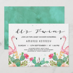 Twins Flamingo Cactus Baby shower Invitation Kaart