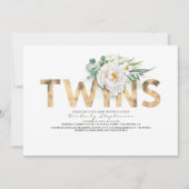 Twins Floral Gold Typography Baby shower Kaart (Voorkant)