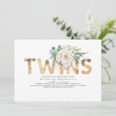 Twins Floral Gold Typography Baby shower Kaart (Staand voorkant)