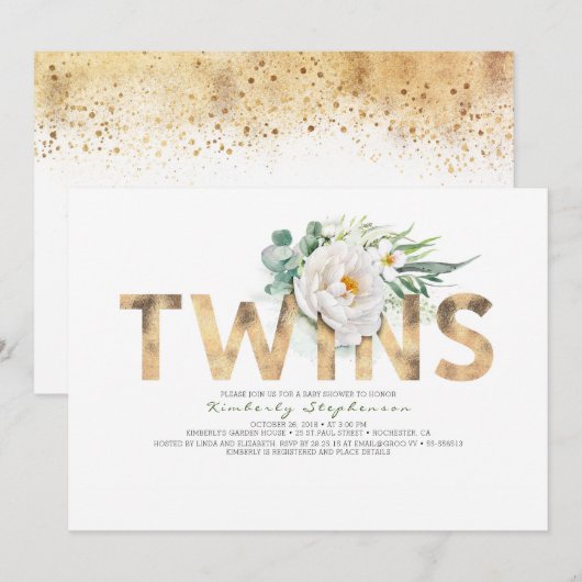 Twins Floral Gold Typography Baby shower Kaart (Voorkant / Achterkant)