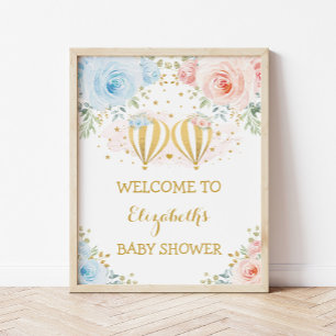 Twins Floral Hot Air Ballon Baby shower Welkom Poster