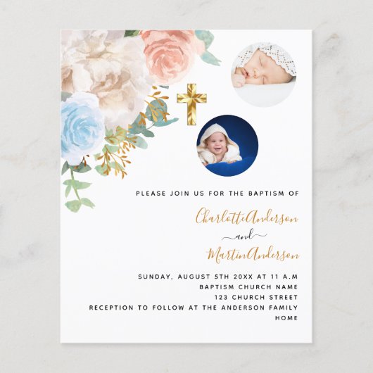 Twins florals foto budget doop uitnodiging (Voorkant)