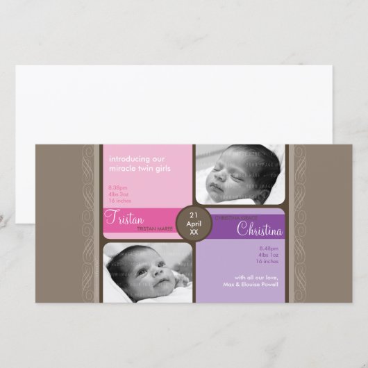 TWINS FOTO GEBOORTE AANKONDIGING :: gekoesterd 4L (Voorkant / Achterkant)