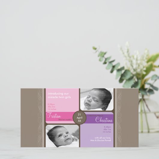 TWINS FOTO GEBOORTE AANKONDIGING :: gekoesterd 4L (Staand voorkant)