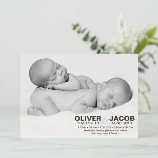 Twins geboortenaankondiging/bedankt kaart (Staand voorkant)