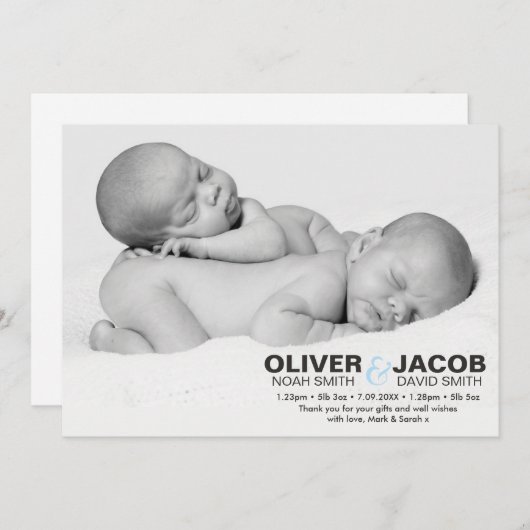 Twins geboortenaankondiging/bedankt kaart (Voorkant / Achterkant)