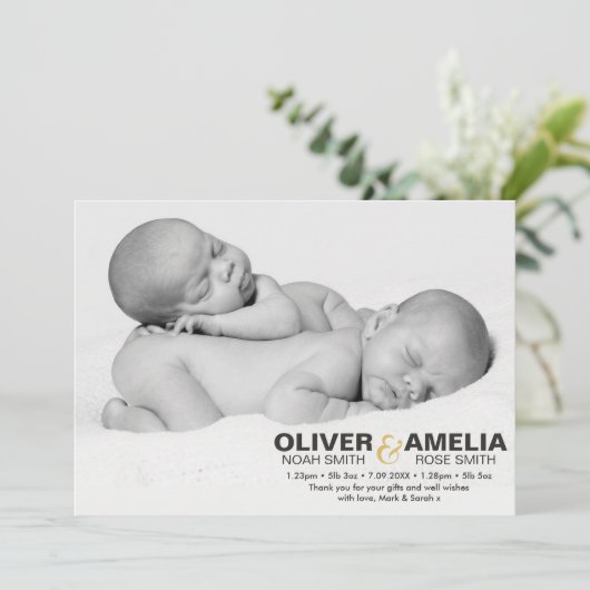 Twins geboortenaankondiging/bedankt kaart (Staand voorkant)