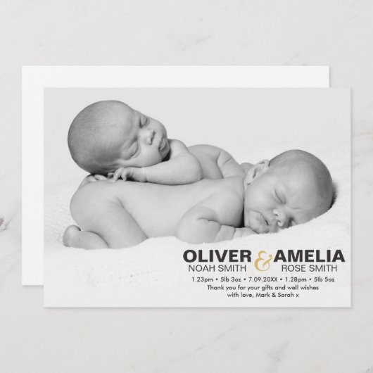 Twins geboortenaankondiging/bedankt kaart (Voorkant / Achterkant)