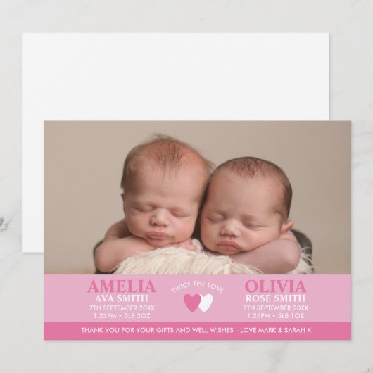 Twins geboortenaankondiging/bedankt kaart (Voorkant / Achterkant)