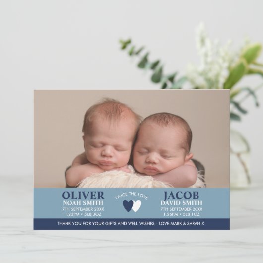 Twins geboortenaankondiging/bedankt kaart (Staand voorkant)