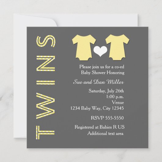 TWINS GEEL Tweeling Baby Shower Feest Uitnodiging (Voorkant)