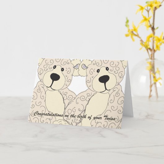 Twins Gefeliciteerd Teddy Bear in crams Kaart (Gele Bloem)