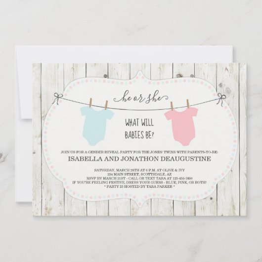 Twins Gender onthullen Invitation Rustic Clothesli Kaart (Voorkant)