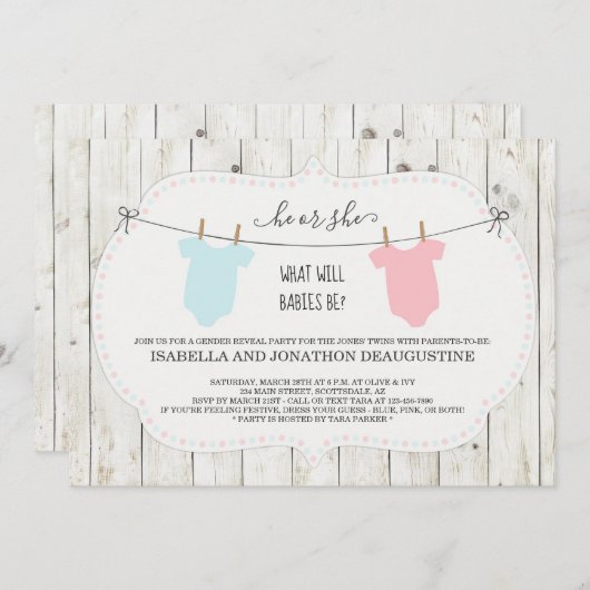 Twins Gender onthullen Invitation Rustic Clothesli Kaart (Voorkant / Achterkant)