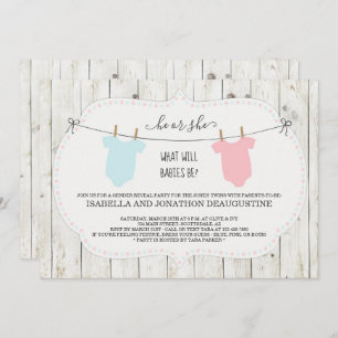 Twins Gender onthullen Invitation Rustic Clothesli Kaart