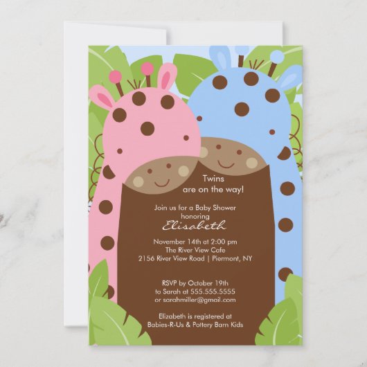 Twins Giraffe Baby shower Invitation Boy Girl Kaart (Voorkant)