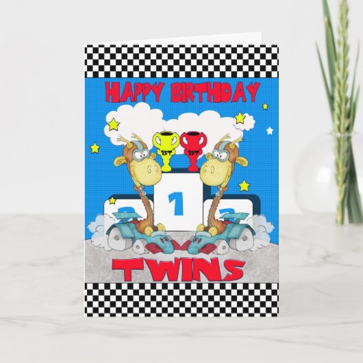 Twins Giraffe Verjaardag Kaart - Racing Giraffe (Voorkant)