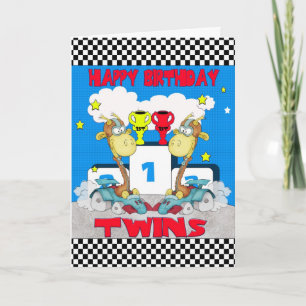 Twins Giraffe Verjaardag Kaart - Racing Giraffe