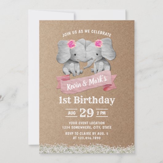 Twins Girl Cute Elephant Rustic Kraft Birthday Kaart (Voorkant)