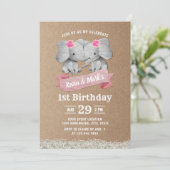 Twins Girl Cute Elephant Rustic Kraft Birthday Kaart (Staand voorkant)