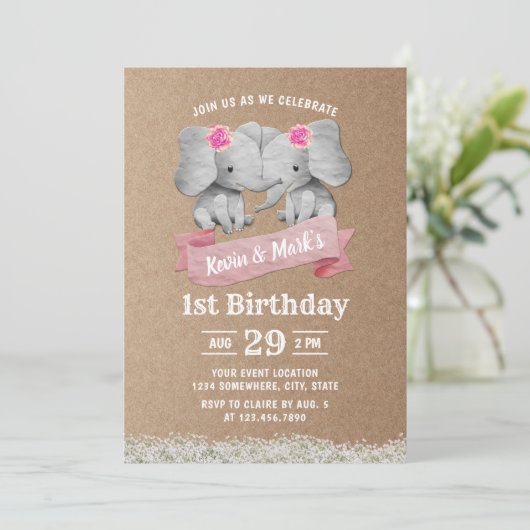 Twins Girl Cute Elephant Rustic Kraft Birthday Kaart (Staand voorkant)
