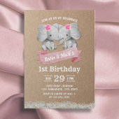 Twins Girl Cute Elephant Rustic Kraft Birthday Kaart