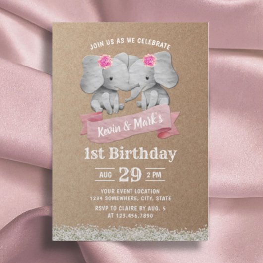 Twins Girl Cute Elephant Rustic Kraft Birthday Kaart