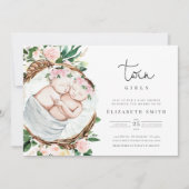 Twins Girl Pink Florals Waterverf Baby shower Kaart (Voorkant)