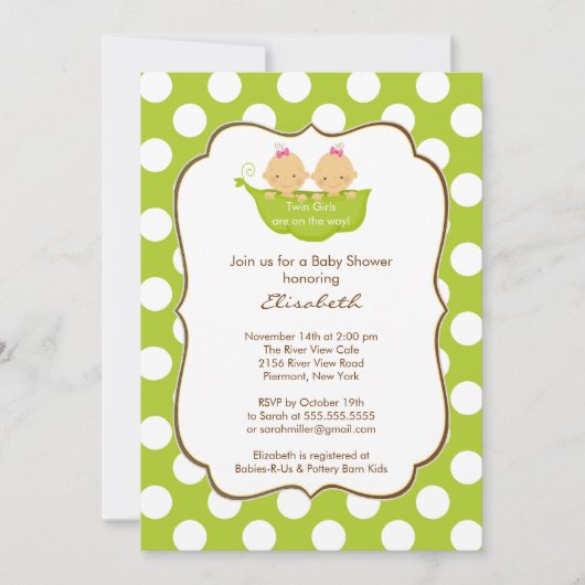 Twins Girls Baby shower Invitation Little Pea Pod Kaart (Voorkant)