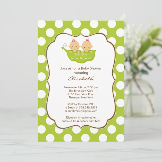 Twins Girls Baby shower Invitation Little Pea Pod Kaart (Staand voorkant)