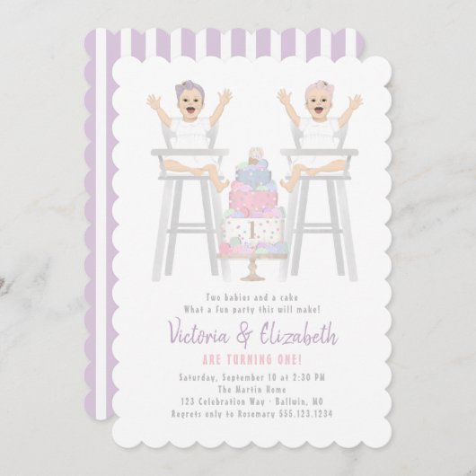Twins Girls Birthday Smash Cake Invitation Kaart (Voorkant / Achterkant)