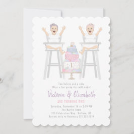 Twins Girls Birthday Smash Cake Invitation Kaart