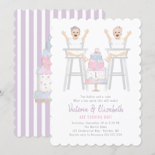 Twins Girls Birthday Smash Cake Invitation Kaart