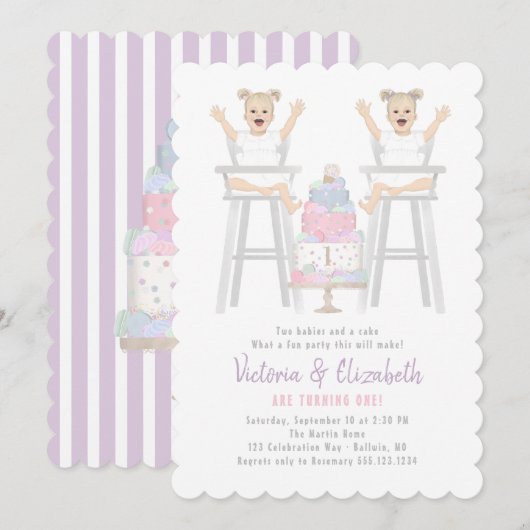 Twins Girls Birthday Smash Cake Invitation Kaart (Voorkant / Achterkant)