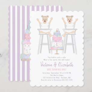 Twins Girls Birthday Smash Cake Invitation Kaart