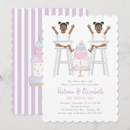 Twins Girls Birthday Smash Cake Invitation Kaart (Voorkant / Achterkant)