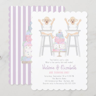 Twins Girls Birthday Smash Cake Invitation Kaart