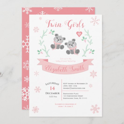 Twins Girls Cute bear winter babyshower Kaart (Voorkant / Achterkant)