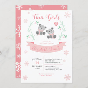 Twins Girls Cute bear winter babyshower Kaart