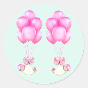 Twins Girls Pink Balloons Baby shower Ronde Sticker