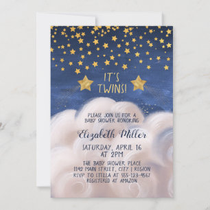Twins Gold Shooting Stars Baby shower Invitation Kaart