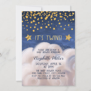 Twins Golden Stars Baby shower Invitation Kaart