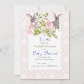 Twins Gray and Pink Floral Bunny Shower Invitation Kaart (Voorkant)