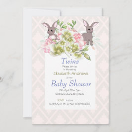 Twins Gray and Pink Floral Bunny Shower Invitation Kaart
