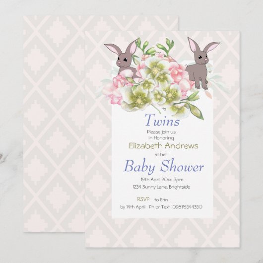 Twins Gray and Pink Floral Bunny Shower Invitation Kaart (Voorkant / Achterkant)