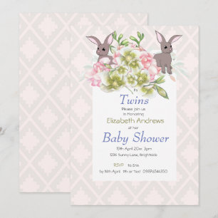 Twins Gray and Pink Floral Bunny Shower Invitation Kaart