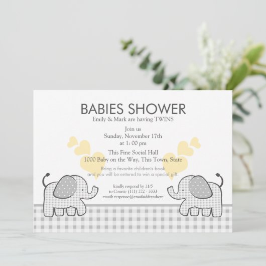 Twins Gray Gingham Baby shower Kaart (Staand voorkant)