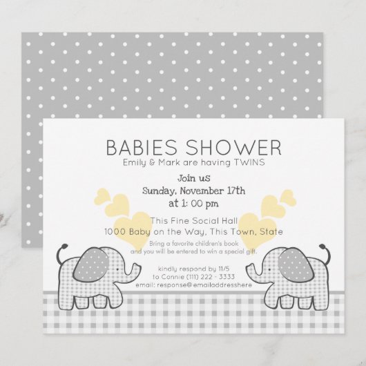 Twins Gray Gingham Baby shower Kaart (Voorkant / Achterkant)