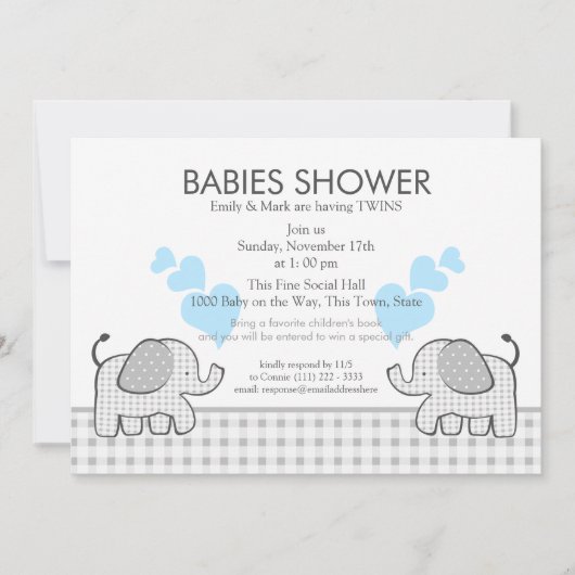 Twins Gray Gingham Blue Baby shower Kaart (Voorkant)